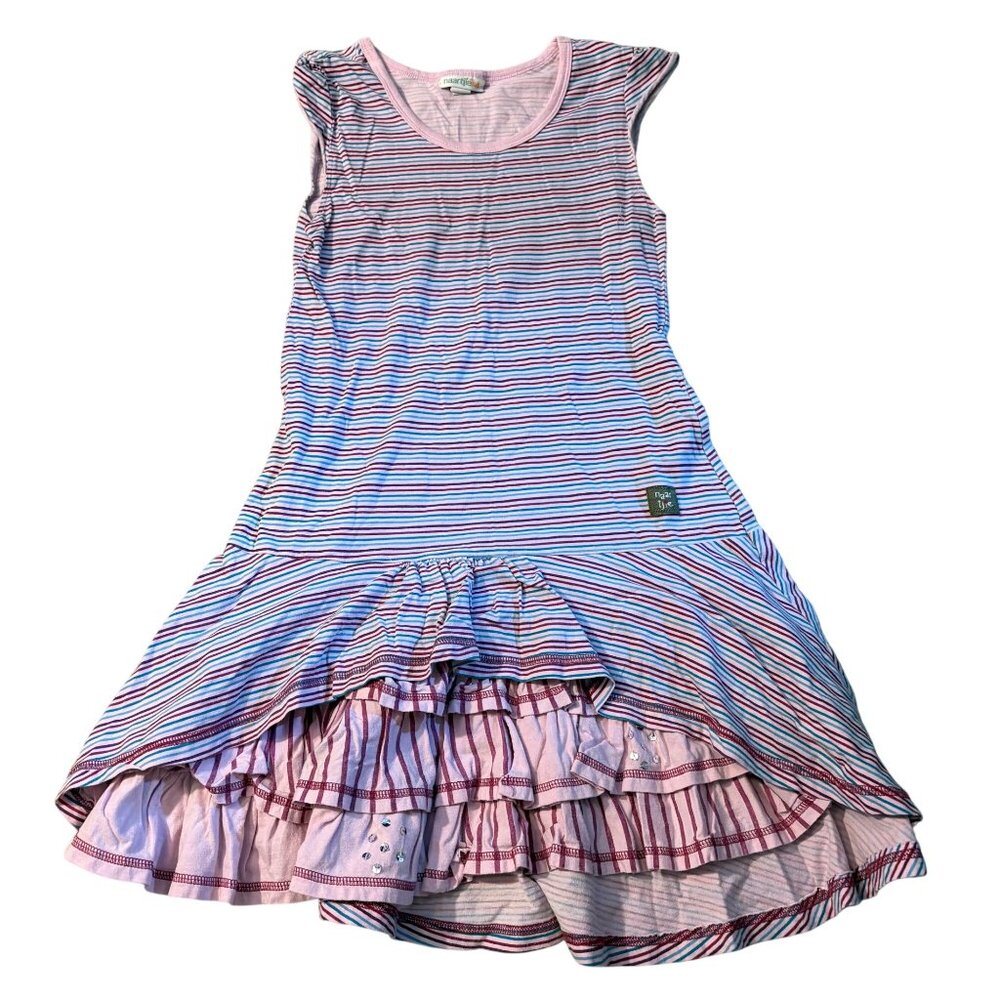 Naartjie Kids Striped Layered Ruffle Dress 8Y Pink Blue Cotton Blend Sleeveless
